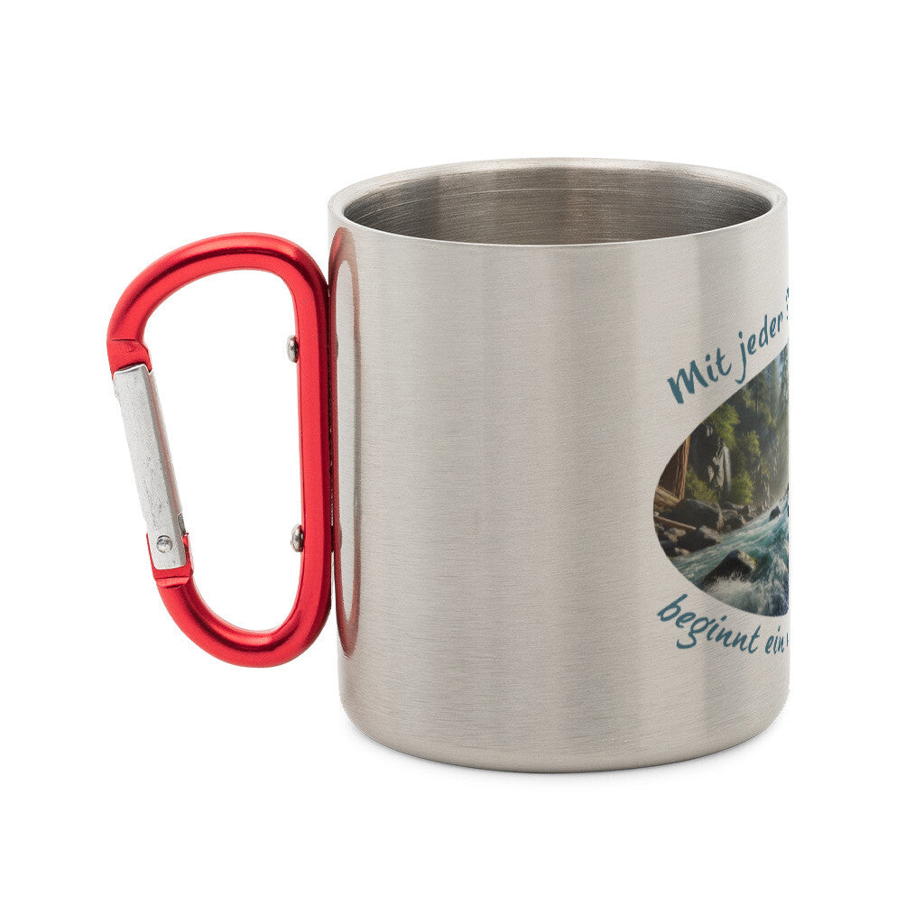 Edelstahl-Tasse mit Karabiner und Abenteuer, "Stromschnellen" seitlich