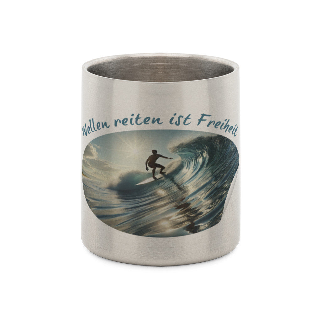 Edelstahl-Tasse mit Karabiner und Abenteuer, "Wellen reiten"