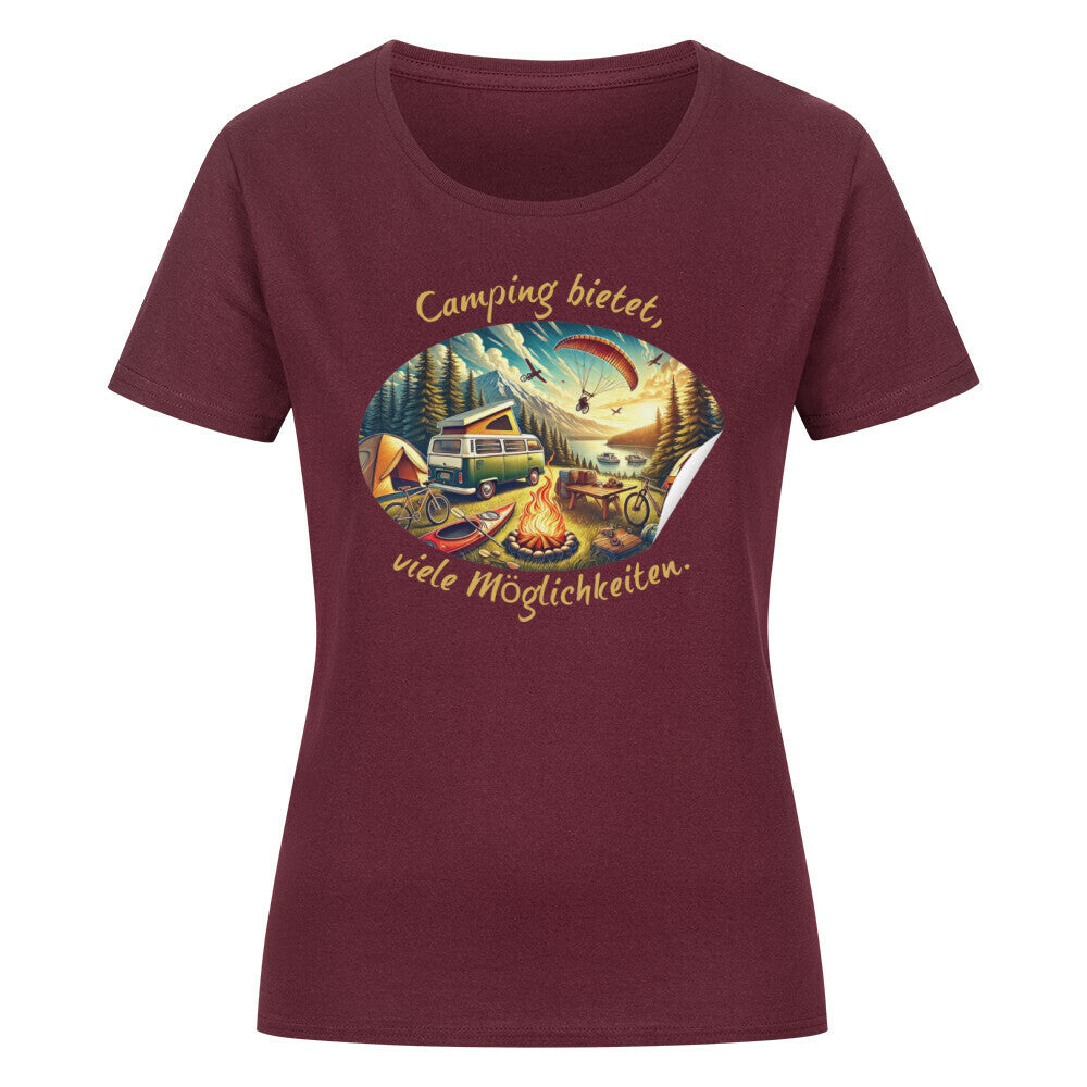 Organic Abenteuer Ladys Shirt, "Camping bietet viele Möglichkeiten" Burgunder