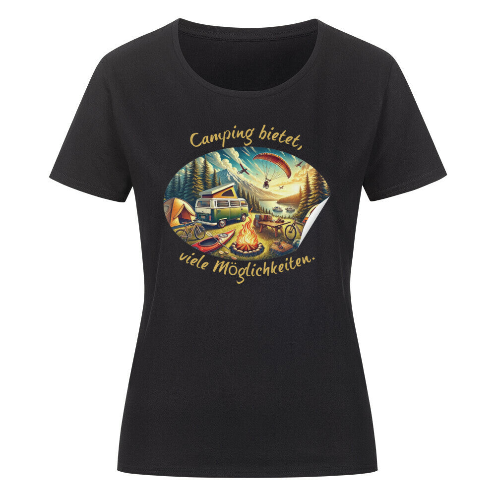 Organic Abenteuer Ladys Shirt, "Camping bietet viele Möglichkeiten" schwarz