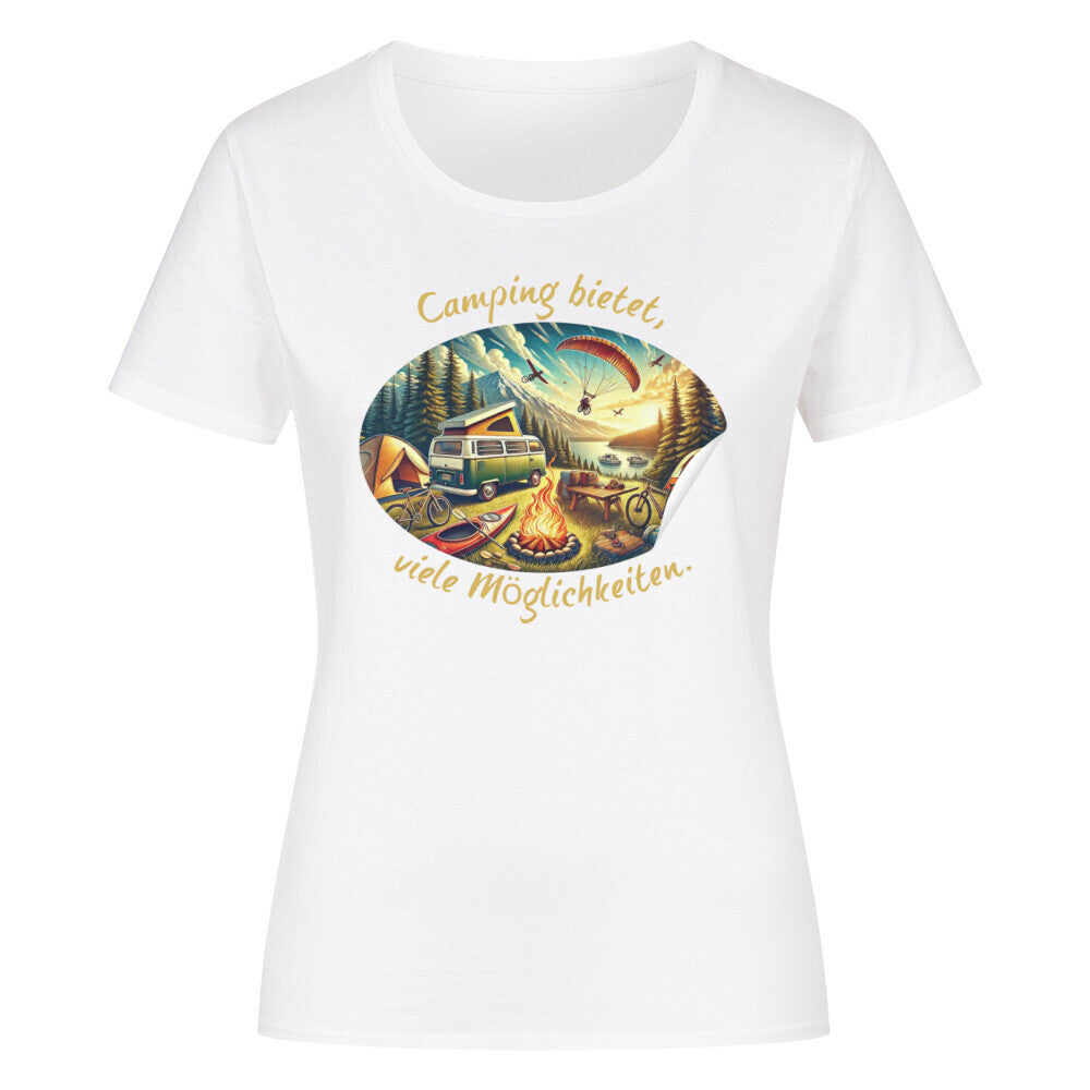 Organic Abenteuer Ladys Shirt, "Camping bietet viele Möglichkeiten" weiß