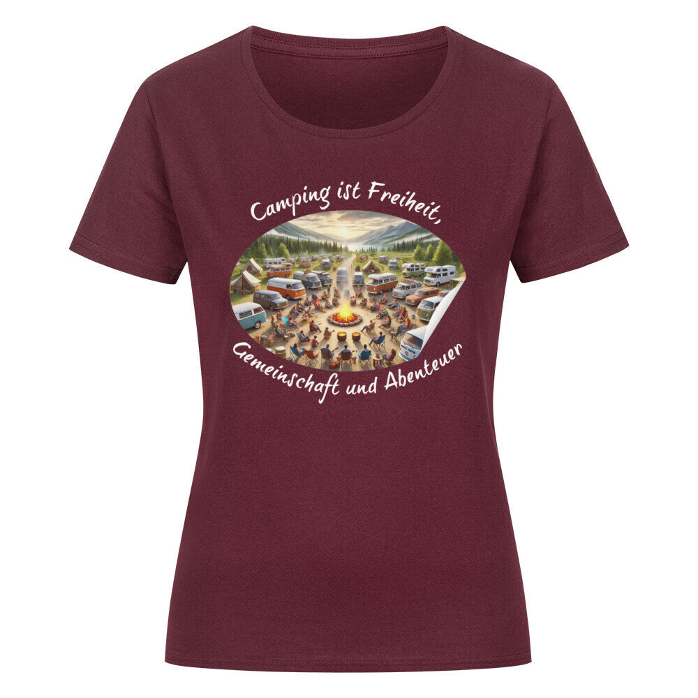 Organic Abenteuer Ladys Shirt, "Camping ist Gemeinschaft" Burgunder