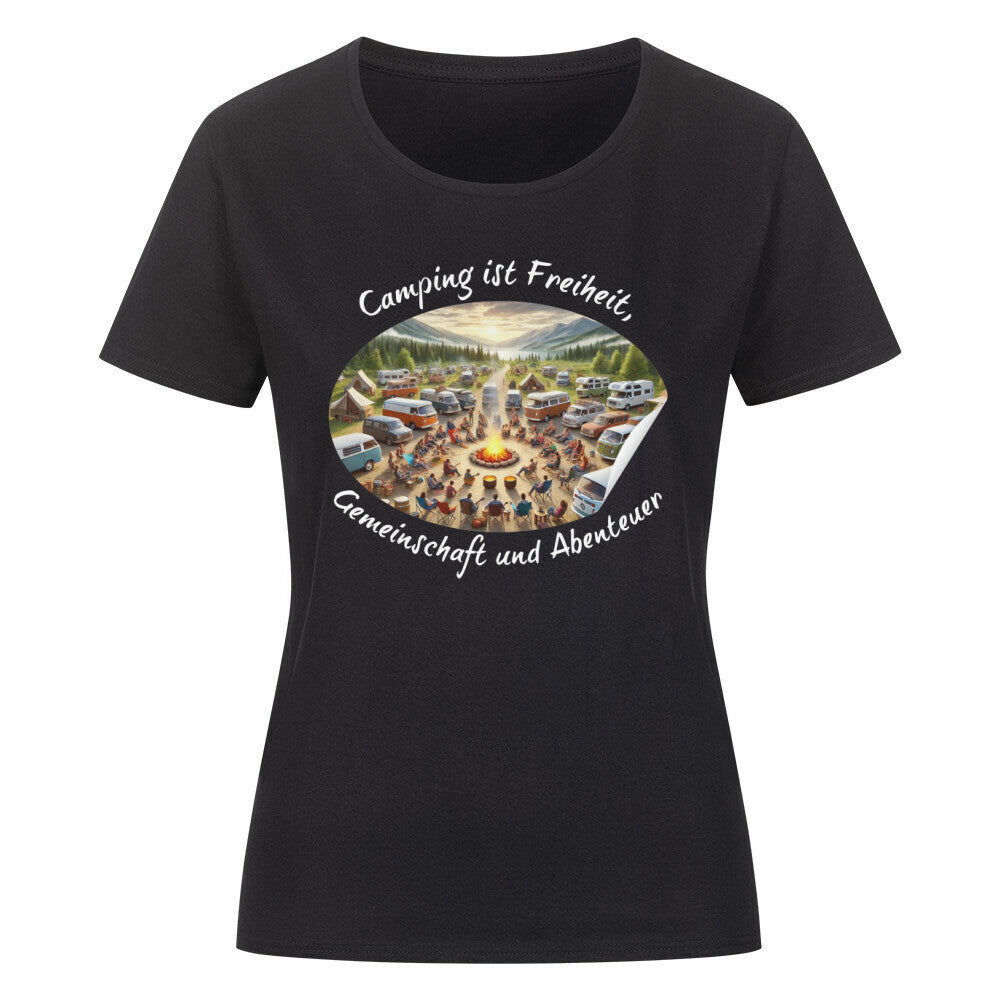 Organic Abenteuer Ladys Shirt, "Camping ist Gemeinschaft" schwarz